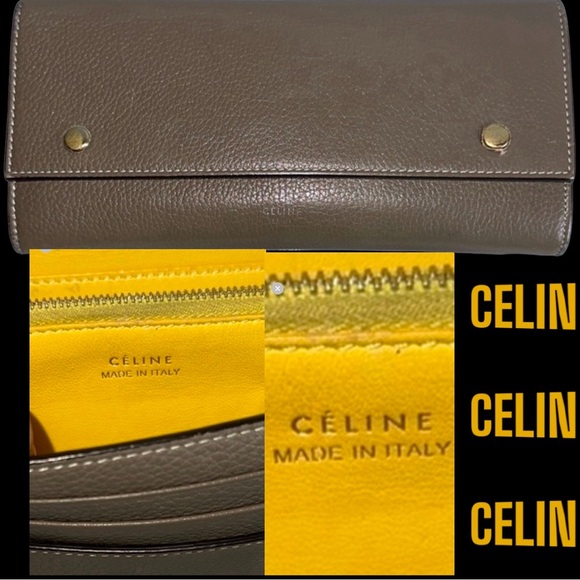 Céline Authentic Long Wallet Taupe & Yellow  Famous Celine Leather EUC - Picture 1 of 14